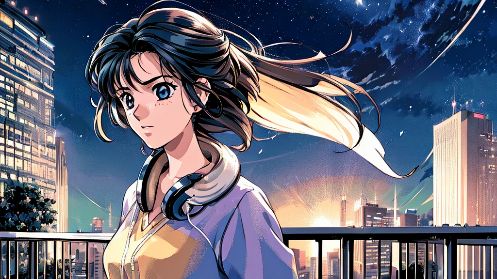 ((masterpiece)),(((Highest quality))),((Super detailed)) Realistically, 1 Girl, beautiful, Wearing headphones, One person　 night景を見てる, city, Starry Sky, building, night.　Long Black Hair　The wind is blowing