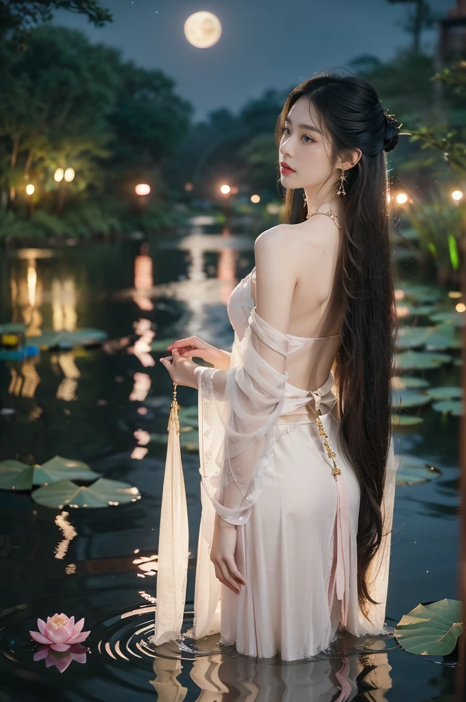 (((best quality))),(((ultra detailed))),(((masterpiece))),illustration,((1 beautiful young  girl,solo)),((slim,thin)),(shoulder length straight hair:1.2),((earrings,necklace)),((bare back,towering hips,butt crack,shoulder off)),(see through traditional pink sheer Hanfu dress:1.3),(beside the lotus pond full of lotus flowers:1.3), serene moonlight, ethereal,floral pattern, water movement, billowing fabric, tranquil, moon reflection, petals, fireflies, magical, light,warm light, dreams, invitation, standing, gazing, reflection, inner thoughts, emotional, sweet scent, natural beauty, solitude, hypnotic lull, eternal summer, (night scene:1.3), natural world, human spirit, celebration, backdrop, water, glow,((from back,upper body))