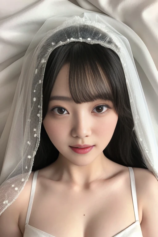 Masterpiece、highest quality、Woman 1、Super detailed、Top view、Gravure idol　Black Hair、Straight Hair、Light bangs　Wedding dress、White Veil　Lying on white sheets、Lie on your back、Gravure pose、Lying Pose　White sheets background