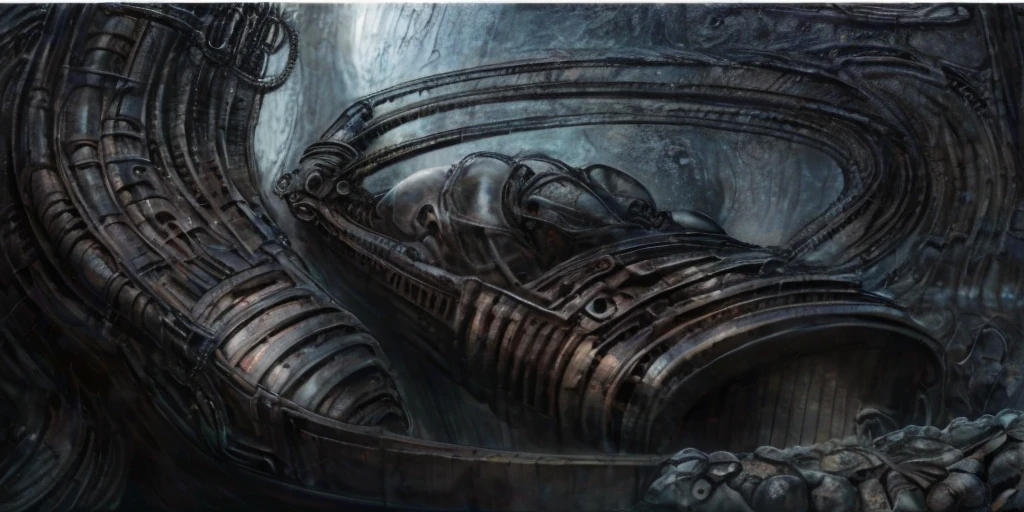 xgiger, The image is a detailed view of H.R. Giger's biomechanical tableau \" LANDSCAPE No 312 \" plate, featuring
a complex, intricate, and detailed design of endless Machine in the transit space over the cascade of fallen water, that appears to be a fusion of organic and mechanical elements, with a focus on the interplay between the two.The piece is a tableau, most likely created with a India ink pen or pencil on paper, determined by the thin lines, shading techniques, and the texture of the paper, which is visible around the edges.
Used is pen, given the shading and variations in line weight visible in the image. Artist have used a variety of stylus with different degrees of hardness to achieve the shading effects.
 The use of undersaturated green-grays dark contrasts creates a stark and graphic look. Is used a variety of linework techniques to create different textures. Fine, parallel lines create a smooth, metallic texture,while thicker, more cursive lines suggest cables or wires.
Light source from the top highlights skeletals, pper part of foreground, lower part of image is in shadowupper part of foreground, lower part of image is in shadow.
The art performance showcases the artist’s skills in observation and rendering. The level of detail in the piece suggests a close study of real bone specimens and mechanics. The artist has skillfully used shading techniques to create a convincing illusion of three-dimensionality on a flat surface. The wrinkles and cracks in the surface, and the cast shadows with accuracy, used shading techniques to create a realistic depiction of light and shadow on the objects. This creates a sense of depth and dimension in the image. The artist has used careful linework to depict the contours and textures in the piece
Sharp focus on foreground elements illustration. Deep and delicate DOF. Big painting. Stored in Louvre masterpiece, ooze soaked pajama top
