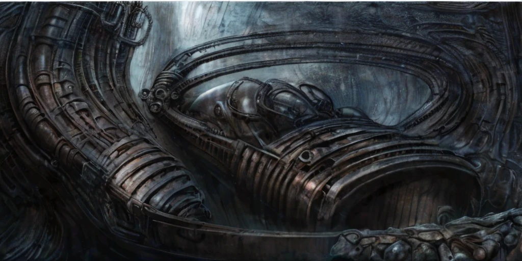 xgiger, The image is a detailed view of H.R. Giger's biomechanical tableau \" LANDSCAPE No 312 \" plate, featuring
a complex, intricate, and detailed design of endless Machine in the transit space over the cascade of fallen water, that appears to be a fusion of organic and mechanical elements, with a focus on the interplay between the two.The piece is a tableau, most likely created with a India ink pen or pencil on paper, determined by the thin lines, shading techniques, and the texture of the paper, which is visible around the edges.
Used is pen, given the shading and variations in line weight visible in the image. Artist have used a variety of stylus with different degrees of hardness to achieve the shading effects.
 The use of undersaturated green-grays dark contrasts creates a stark and graphic look. Is used a variety of linework techniques to create different textures. Fine, parallel lines create a smooth, metallic texture,while thicker, more cursive lines suggest cables or wires.
Light source from the top highlights skeletals, pper part of foreground, lower part of image is in shadowupper part of foreground, lower part of image is in shadow.
The art performance showcases the artist’s skills in observation and rendering. The level of detail in the piece suggests a close study of real bone specimens and mechanics. The artist has skillfully used shading techniques to create a convincing illusion of three-dimensionality on a flat surface. The wrinkles and cracks in the surface, and the cast shadows with accuracy, used shading techniques to create a realistic depiction of light and shadow on the objects. This creates a sense of depth and dimension in the image. The artist has used careful linework to depict the contours and textures in the piece
Sharp focus on foreground elements illustration. Deep and delicate DOF. Big painting. Stored in Louvre masterpiece, ooze soaked pajama top
