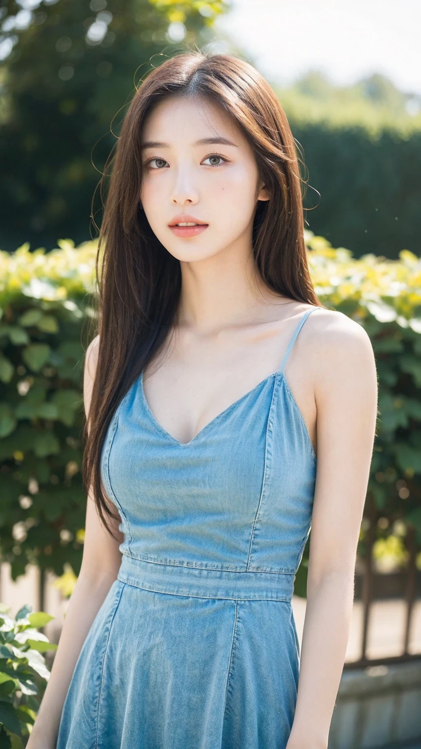 ((Best quality, 8k, masterpiece:1.3)),1girl,18 years old,Asian,Real texture:1.3,(Background blur:1.3),Dress Up,Tall and slender figure:1.2,(Hot summer weather),(garden:1.3),Highly detailed face and skin textures,Exquisite eyes,Long eyelashes,Double eyelids,Skin Whitening,happy,Beautiful breasts
