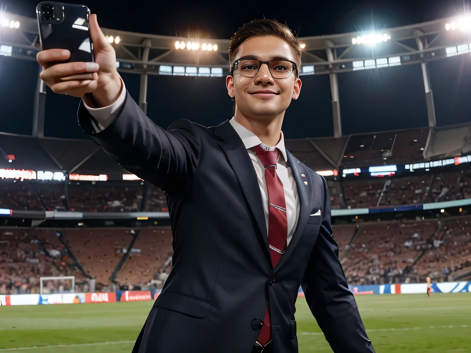 a young man in a suit without a tie in glasses excited cheering on a huge stadium during football match at Euro 2024, making selfies, a lot of cheering people on a background