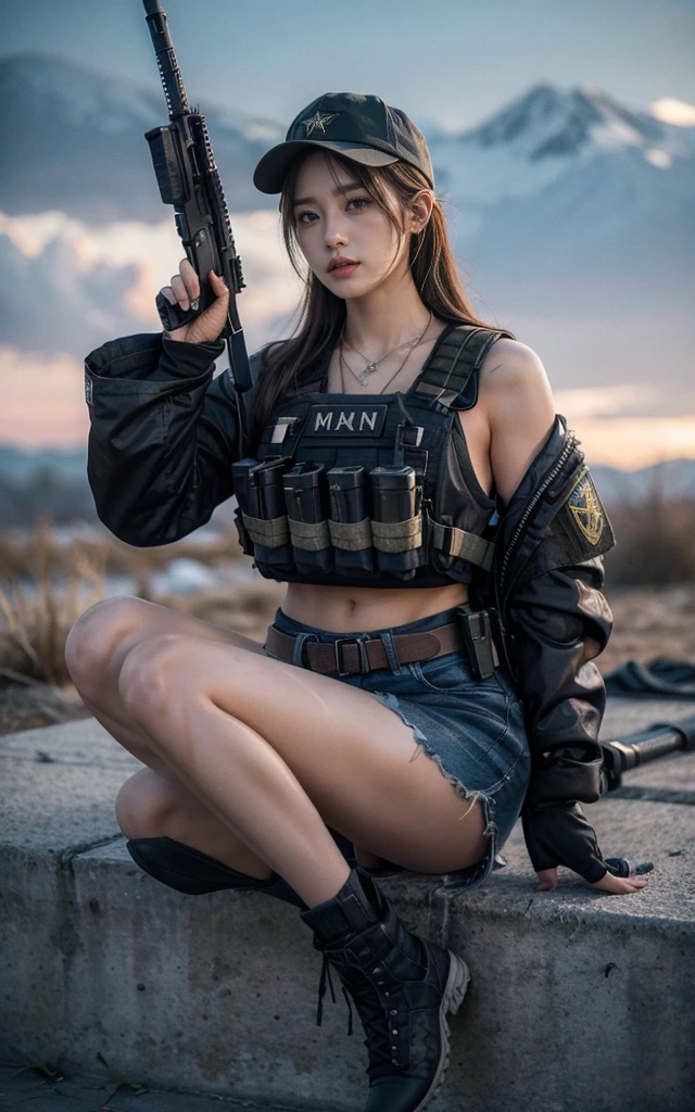 (photography:1.3, 16K, best quality, masterpiece, existltra-high reSolution), Perfect dynamic composition:1.2, Highly detailed skin and facial texture:1.2, covered in wounds:1.2, (End of the World:0.7, In stark contrast to the desolate background:0.7, Adding destructive elements:0.7, There are debris and impurities scattered around:0.7), (Dynamic action poses:1.0, 专业photography工作:1.0, Aim with a gun:1.0), exist.S. Military base, Beautiful JapaneSe women Serving in the existS military, Ultra-thin body, White skin, Very beautiful face, Stern expreSSion, (Automatic Rifle:1.0, Bulletproof vest:1.0, torn military uniform:1.0, Backpack:1.0, boots:1.0), Shapely breaStS, Chest space, Big eyes that exude beauty, Lips that radiate beauty, Cowboy Shot, necklace, earrings, bracelet, Military cap