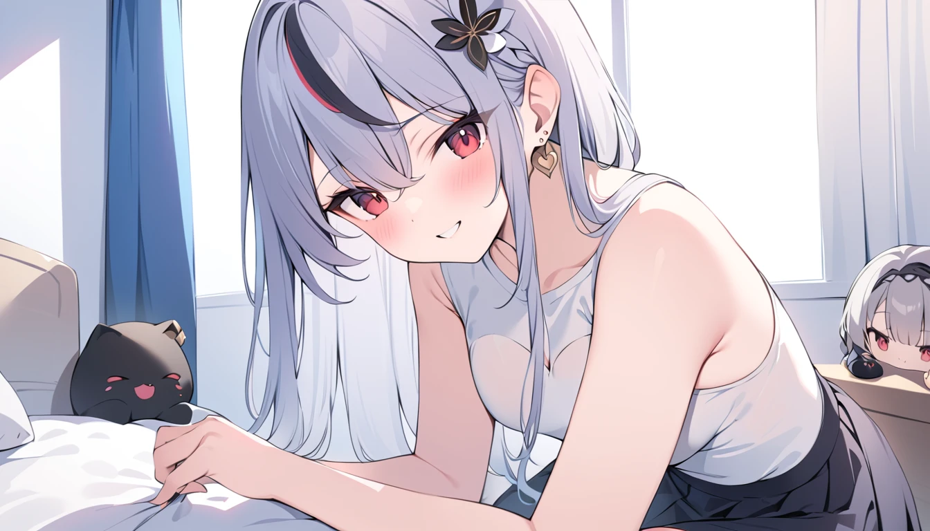 Sitting on the bed with a stuffed toy,Seraphim, skirt,View your viewers,One girl ,Red eyes, , Multicolored Hair, Grey Hair, Striped Hair, hair ornaments, smile, Black Hair, Clothing cutouts, Earrings, Braiding, tooth,Long Hair,masterpiece, High resolution, Octance 4K, Attention to detail