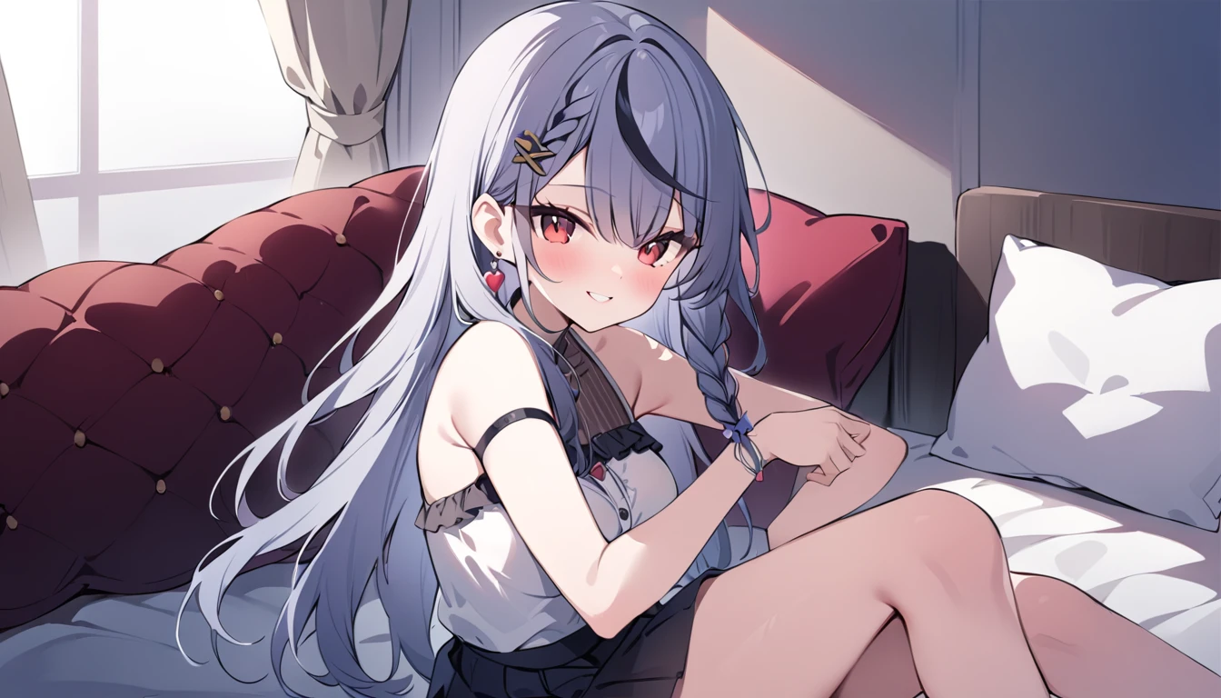 Sitting on the bed with a stuffed toy,Seraphim, skirt,View your viewers,One girl ,Red eyes, , Multicolored Hair, Grey Hair, Striped Hair, hair ornaments, smile, Black Hair, Clothing cutouts, Earrings, Braiding, tooth,Long Hair,masterpiece, High resolution, Octance 4K, Attention to detail