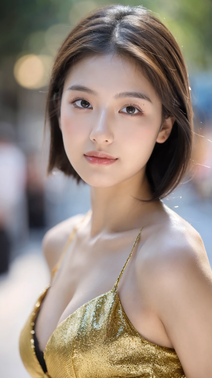 ((Best quality, 8k, masterpiece:1.3)),1girl,18 years old,Asian,Real texture:1.3,(Background blur:1.1),Dress Up,Tall and slender figure:1.2,(Hot summer weather),(street:1.3),Highly detailed face and skin textures,Exquisite eyes,Long eyelashes,Double eyelids,Skin Whitening,happy,Various postures,Beautiful breasts