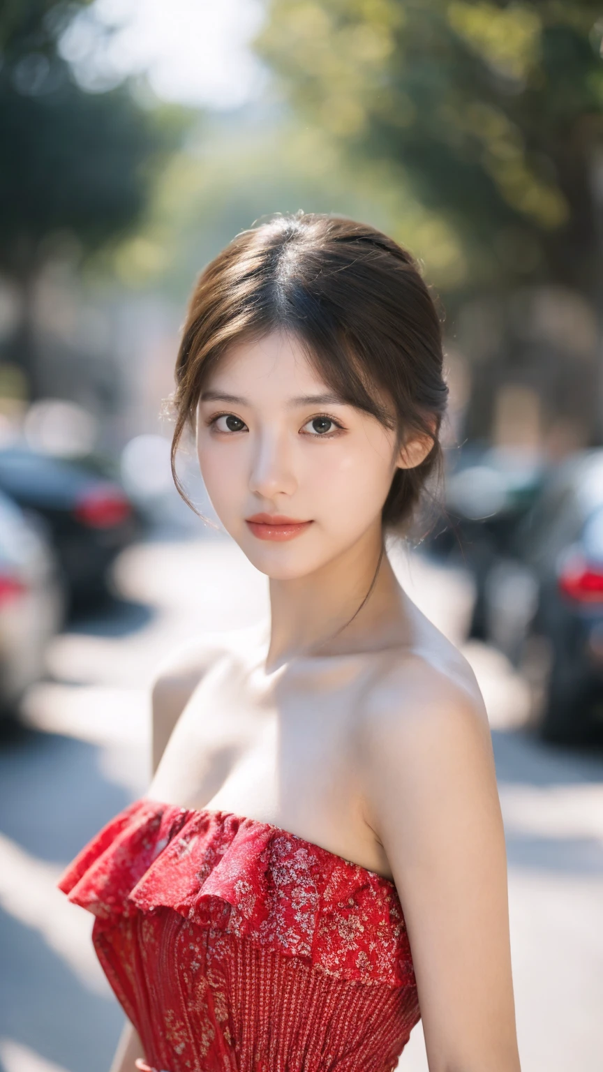 ((Best quality, 8k, masterpiece:1.3))，1girl，18 years old，Asian，Real texture:1.3，(Background blur:1.1)，Dress Up，Tall and slender figure:1.2，(Hot summer weather)，（street:1.3），Highly detailed face and skin textures，Exquisite eyes，Long eyelashes，Double eyelids，Skin Whitening，happy，Various postures，Beautiful breasts