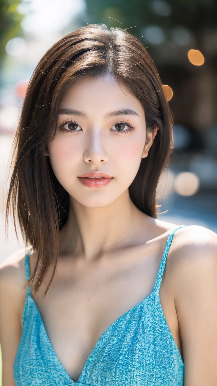 ((Best quality, 8k, masterpiece:1.3))，1girl，18 years old，Asian，Real texture:1.3，(Background blur:1.1)，Dress Up，Tall and slender figure:1.2，(Hot summer weather)，（street:1.3），Highly detailed face and skin textures，Exquisite eyes，Long eyelashes，Double eyelids，Skin Whitening，happy，Various postures，Beautiful breasts