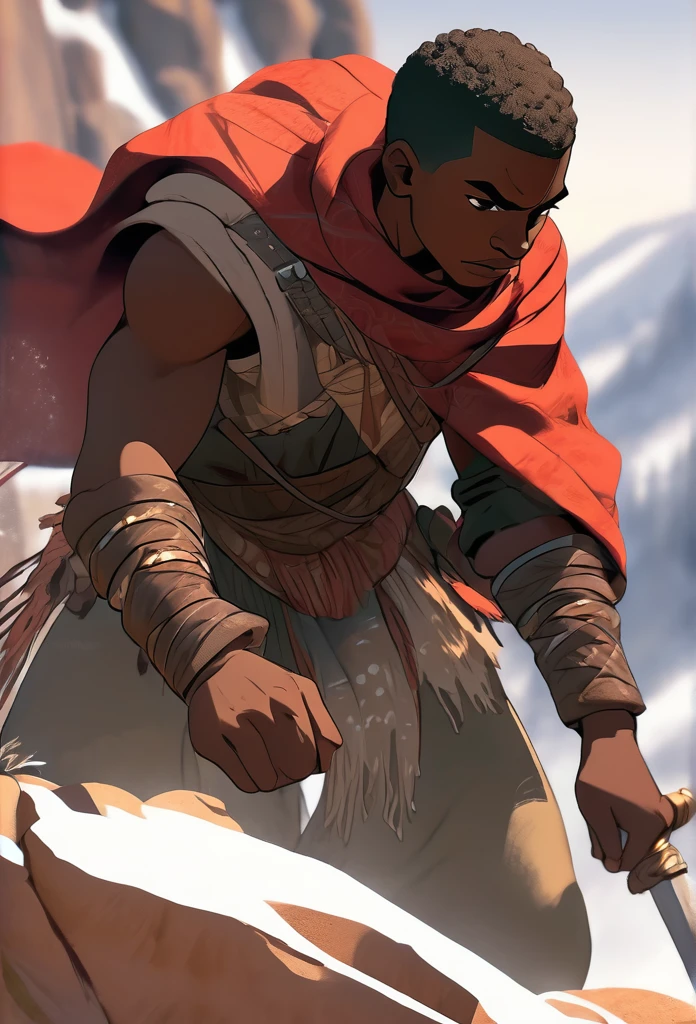 Ultra Realistic, Highly Defined Details, Snowy Mountains Cliff, Climbing On Hands and knees, Shadowy Distant Back Drop, Mellow Color Shading Capturing the Mode, Young Adult African Male Villager, Bent Over, Climbing With Hands, Snowy Mountain Peaks, Windy Snow, On Hands and Knees Climbing Ultra Realistic, Highly Defined Details, Climbing a Cliff Distant View, Mellow Color Shading Capturing the Mode, Young Adult African Male Villager, View Of the Valley Below, Bone chest plate armor, Lightly armored belt buckle dagger in a sheath, Bone carved Hilt, Long Curved Sword Wrapped in Crimson Cloth Worn On Back, Dark Torn Crimson Cloak, Climbing In The Windy Sean, Leaves Blowing