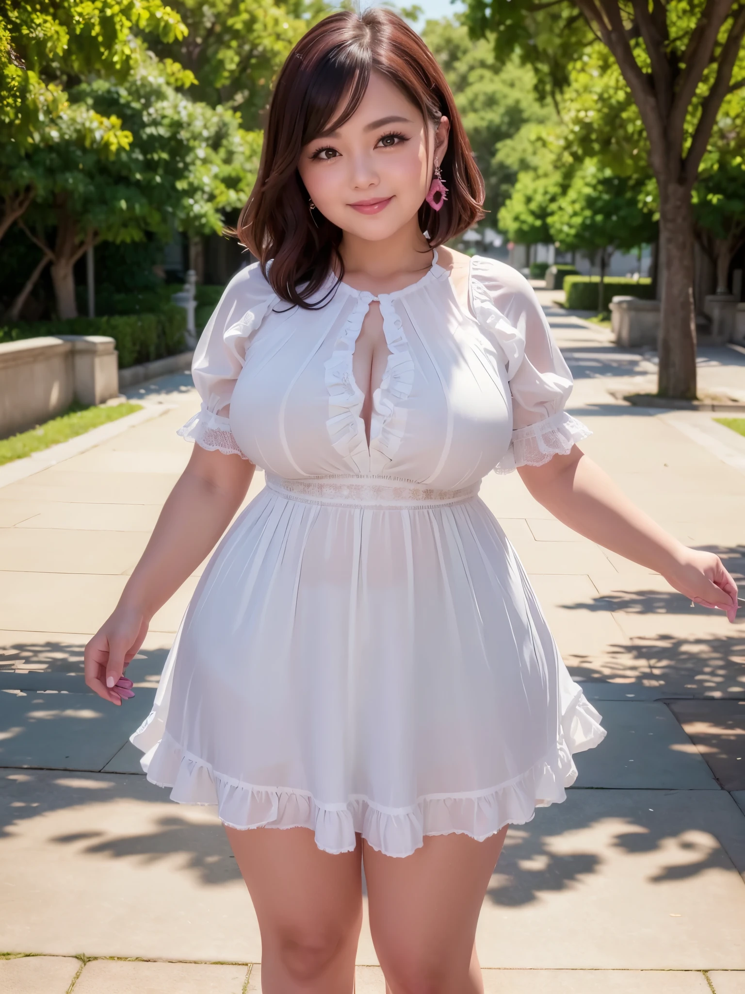 A beautiful and hot almost chubby mature woman.who is wearing a patterned short dress and is and standing in the park. A smiling face、sexy woman、A radiant smile、adorable、race、Frills、Colorful design、Full-length mirror、An inviting gaze、Gorgeous long and beautiful hairstyle、variation Hairstyle、Open neck blouse、Flower Garden、Sparkling、Elegant Princess、accessory、Sweet