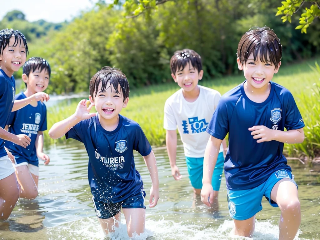 In the forest、 in the countryside、Swimming in the river、Bathing in water、水でGet wet all over、Cute eletary boy、Boy in gym clothes、The bottom of the white T-shirt is blue、Blue shorts、The boys are playing、Get wet all over、The laughter of boys can be heard from afar、Splashing Water、Japanese、(Boy 1.4)、high resolution、Highest quality