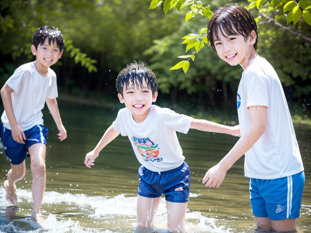 In the forest、 in the countryside、Swimming in the river、Bathing in water、水でGet wet all over、Cute eletary boy、Boy in gym clothes、The bottom of the white T-shirt is blue、Blue shorts、The boys are playing、Get wet all over、The laughter of boys can be heard from afar、Splashing Water、Japanese、(Boy 1.4)、high resolution、Highest quality