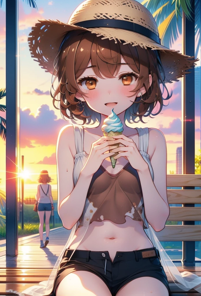 Lililukarde, Liliruka gets burned, , (Brown eyes:1.7), Brown Hair, (Flat Chest:1.2), smile,blush,Open your mouth,Straw hat,short hair,Brown tank top,Shorts,Holding ice cream in both hands,Heeled Sandals,Sitting on a bench,sunset,evening,The sun is setting,whole bodyがイラストに入るように,
break looking at viewer,whole body,
break outdoors, Building district,Palm tree,Tropical,
break (masterpiece:1.2), Highest quality, High resolution, unity 8k wallpaper, (figure:0.8), (Beautiful attention to detail:1.6), Highly detailed face, Perfect lighting, Highly detailed CG, (Perfect hands, Perfect Anatomy),