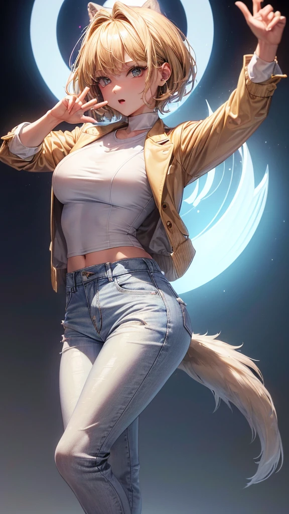 (masterpiece, highest quality, ultra high res, ultra detailed:1.3), 1 cute girl, ideal ratio body proportions, blonde short hair, white shirt, brown jacket, blue denim pants, (dancing with wolves:1.2), (dancing wolves:1.4), wilderness,