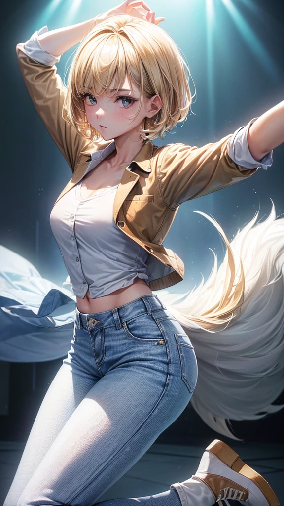 (masterpiece, highest quality, ultra high res, ultra detailed:1.3), 1 cute girl, ideal ratio body proportions, blonde short hair, white shirt, brown jacket, blue denim pants, (dancing with wolves:1.2), (dancing wolves:1.4), wilderness, 