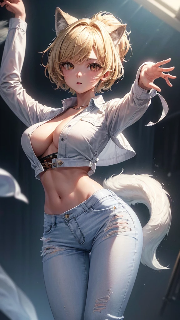 (masterpiece, highest quality, ultra high res, ultra detailed:1.3), 1 cute girl, ideal ratio body proportions, blonde short hair, white shirt, brown jacket, blue denim pants, (dancing with wolves:1.2), (dancing wolves:1.4), wilderness,