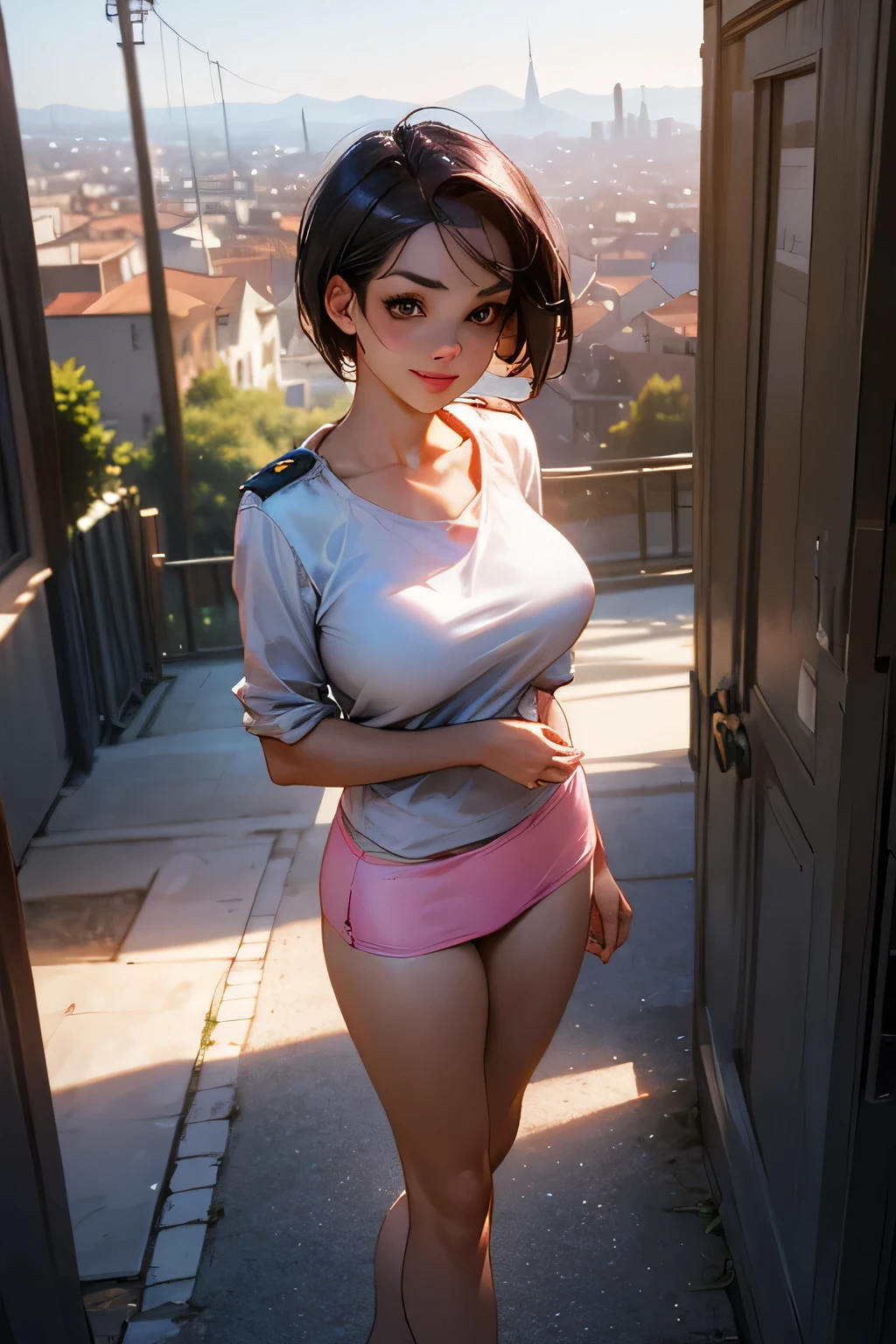She has honey eyes and short curly dark brown hair... ella tiene colmillos de canino. She has a good physique and soft curves, dark skin with vitiligo.. Lleva un vestido camisero de manga larga con botones lisos y delgados.. fondo de sombra. bosquejo. sombreado. Encendiendo.