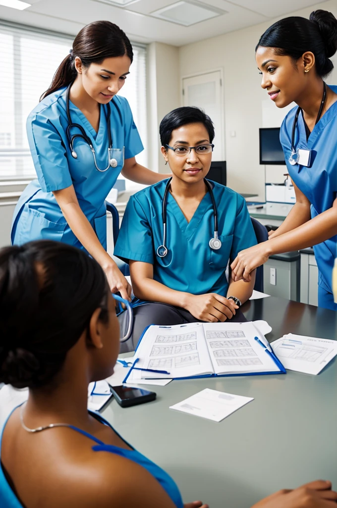 Actual hospital settings wherein the nurse is collaborating with other health care workers with patient (drawing)