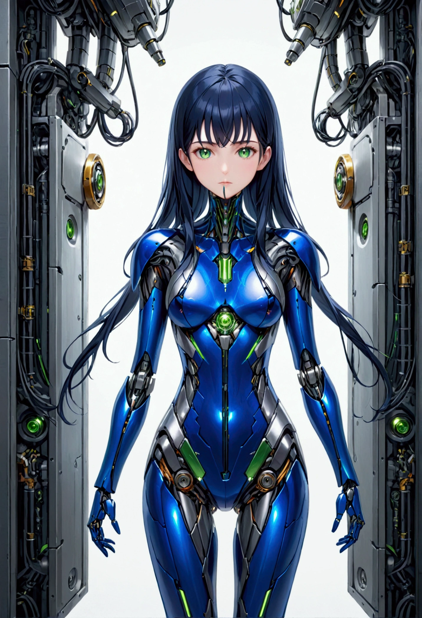 Girl with dark blue hair, green eyes,tall rectangular body figure, mature,robotic suit