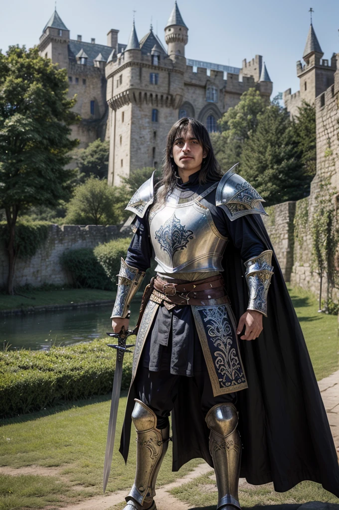 um paladino no mundo medieval,fantasy warrior, detailed armor with intricate designs, castle in the background, sword and shield