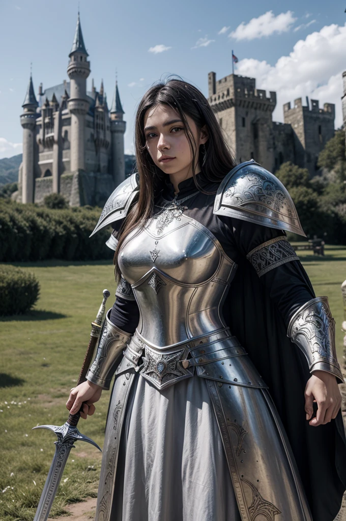um paladino no mundo medieval,fantasy warrior, detailed armor with intricate designs, castle in the background, sword and shield