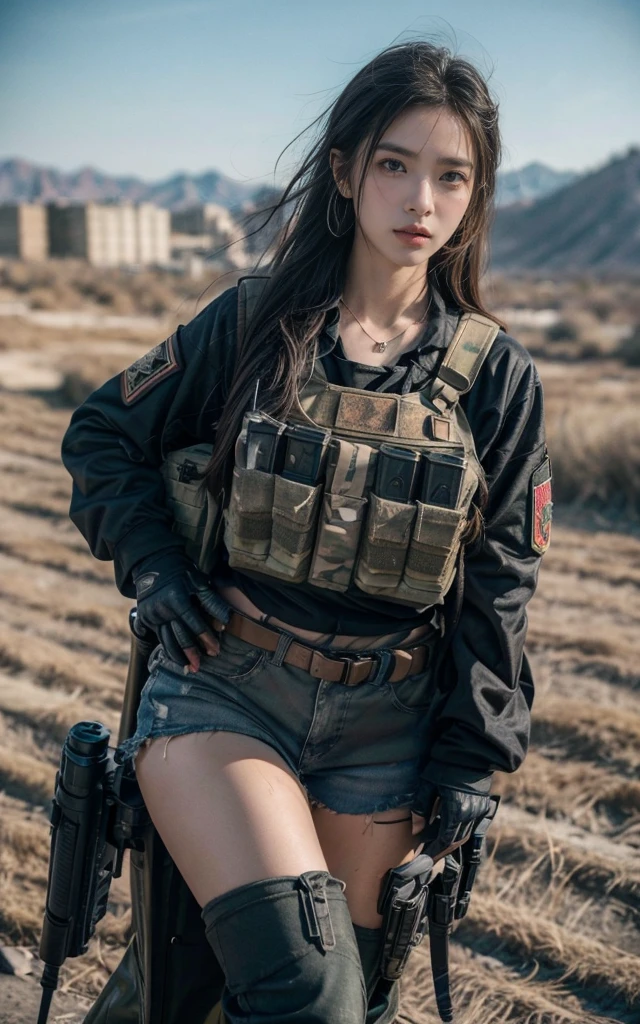 (photography:1.3, 16K, best quality, masterpiece, existltra-high reSolution), Perfect dynamic composition:1.2, Highly detailed skin and facial texture:1.2, covered in wounds:1.2, (End of the World:0.7, In stark contrast to the desolate background:0.7, Adding destructive elements:0.7, There are debris and impurities scattered around:0.7), (Dynamic action poses:1.0, 专业photography工作:1.0, Aim with a gun:1.0), exist.S. Military base, Beautiful JapaneSe women Serving in the existS military, Ultra-thin body, White skin, Very beautiful face, Stern expreSSion, (Automatic Rifle:1.0, Bulletproof vest:1.0, torn military uniform:1.0, Backpack:1.0, boots:1.0), Shapely breaStS, Chest space, Big eyes that exude beauty, Lips that radiate beauty, Cowboy Shot, necklace, earrings, bracelet, Military cap