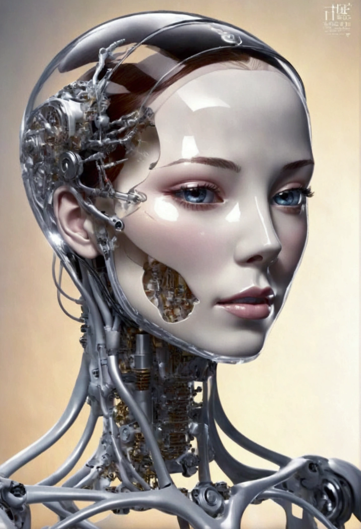 Magazine cover,Female robots，Mechanical skeleton，Transparent housing（（Intricate details））,（（Surrealism））