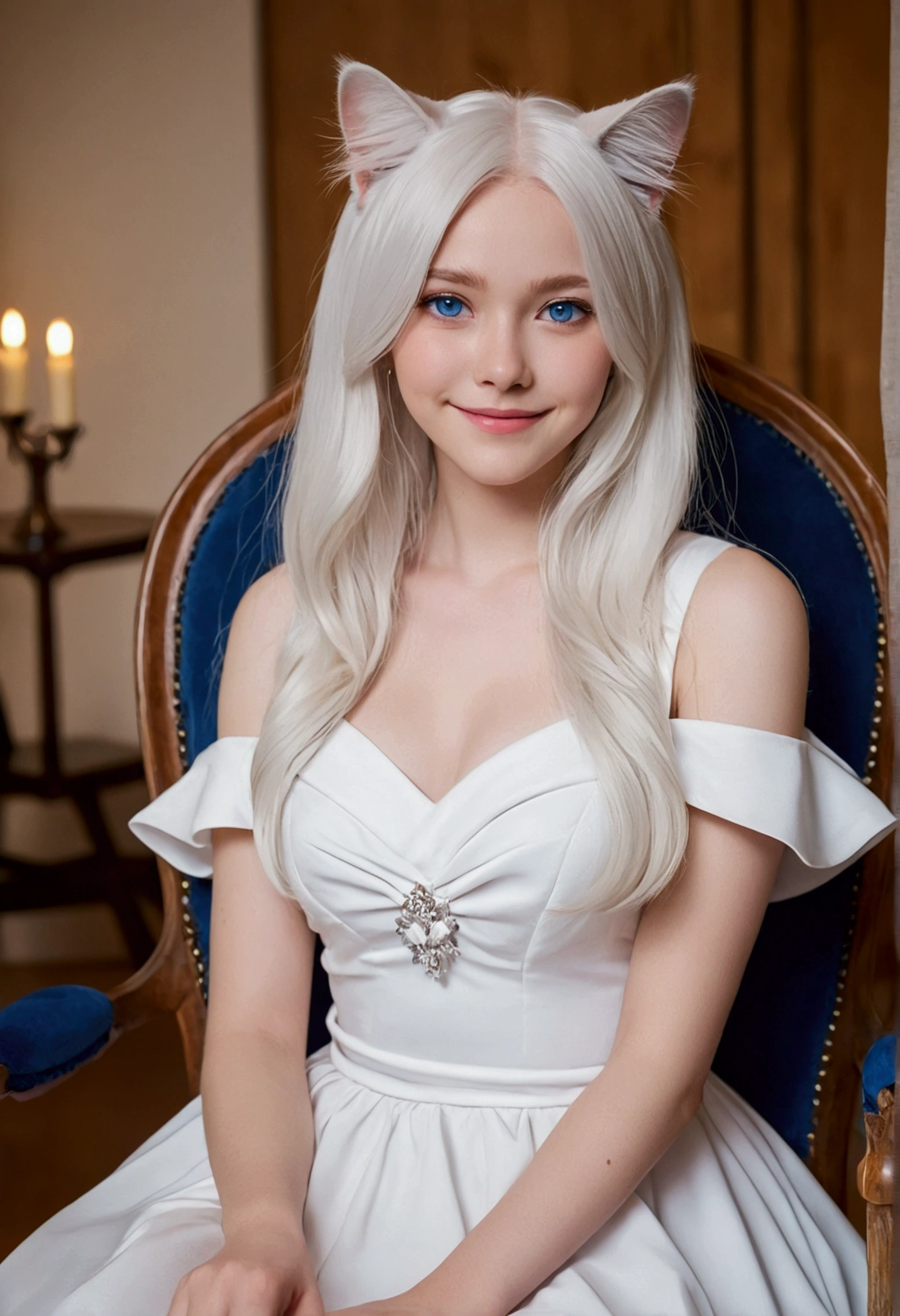 1 Female, Long white hair, blue eyes, Cat ear, Cute smile, Tired, elegant gaze, Mid-chest, Wearing an elegant white dress, beautiful, elegant, formal pose, Sit on a chair,