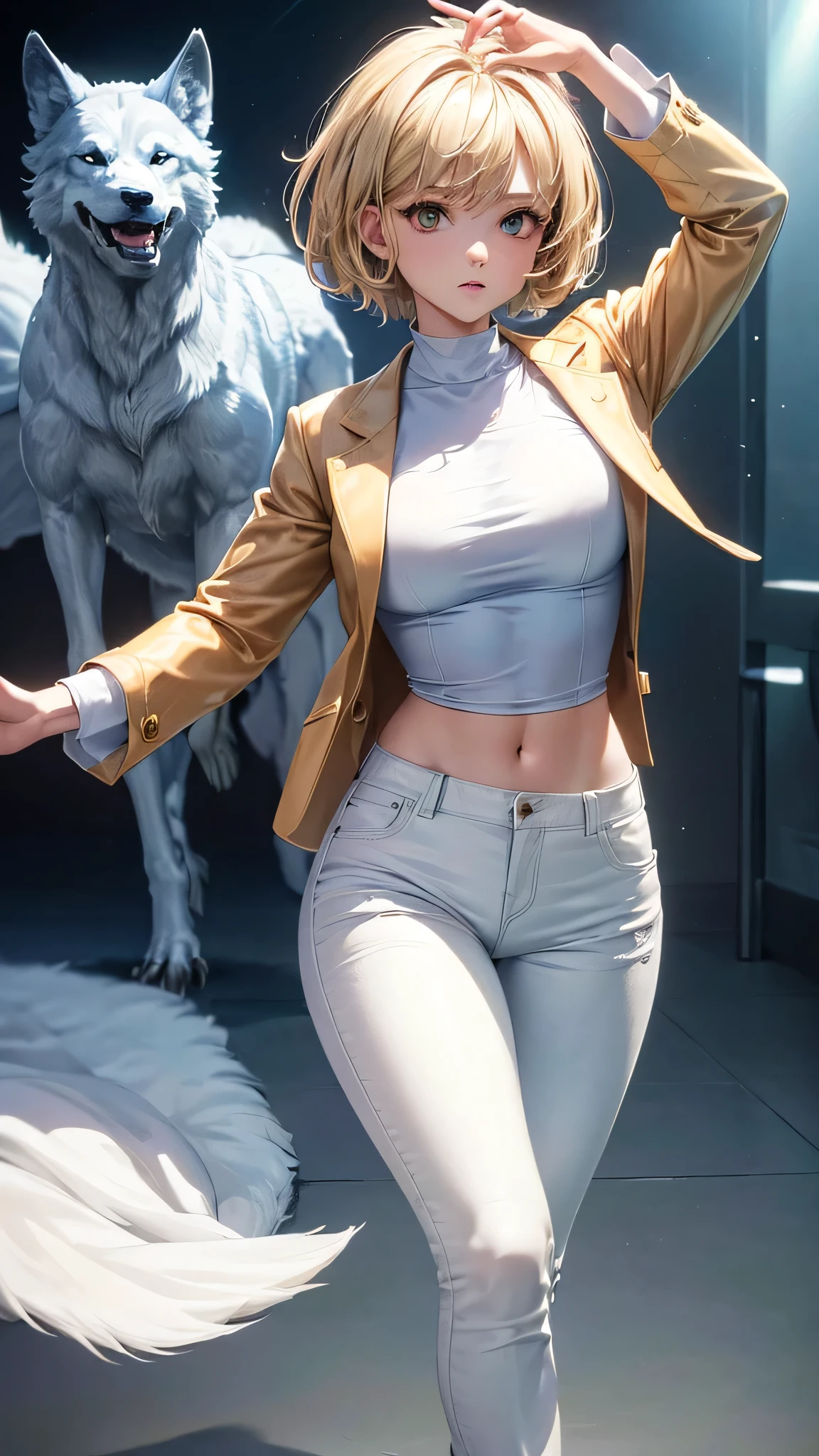 (masterpiece, highest quality, ultra high res, ultra detailed:1.3), 1 cute girl, ideal ratio body proportions, blonde short hair, white shirt, brown jacket, blue denim pants, (dancing with wolves:1.2), (dancing wolves:1.4), wilderness,