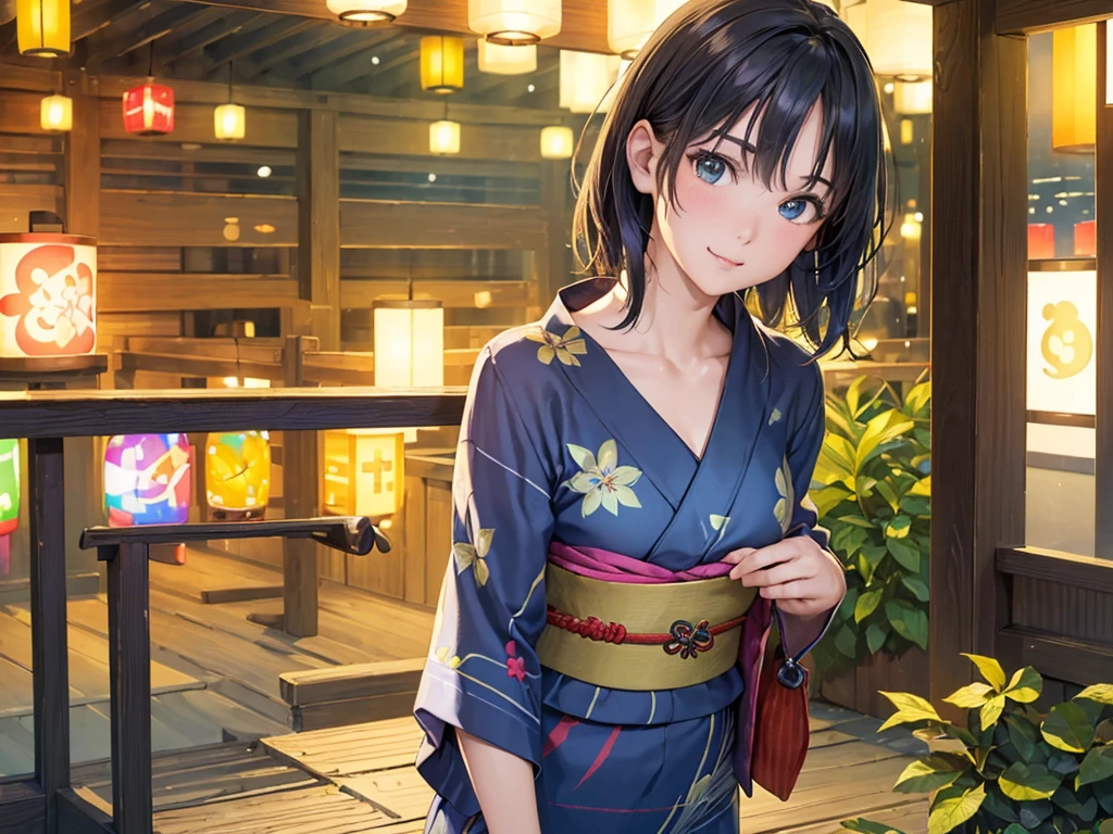(masterpiece、Highest quality:1.2),Frame In、 Cowboy Shot, alone, One Girl, View your viewers, (Highest quality, 8k, Oil, Tabletop:1.2), Very detailed, (Realistic, Realistic:1.37), Vibrant colors, Wearing a green yukata、Bob Hair、Black Hair、Lonely look、night、Summer festival、stall、