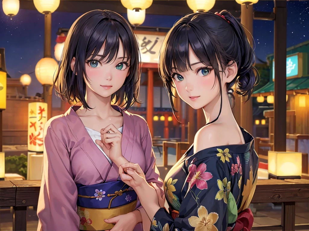 (masterpiece、Highest quality:1.2),Frame In、 Cowboy Shot, alone, One Girl, View your viewers, (Highest quality, 8k, Oil, Tabletop:1.2), Very detailed, (Realistic, Realistic:1.37), Vibrant colors, Wearing a green yukata、Bob Hair、Black Hair、Lonely look、night、Summer festival、stall、