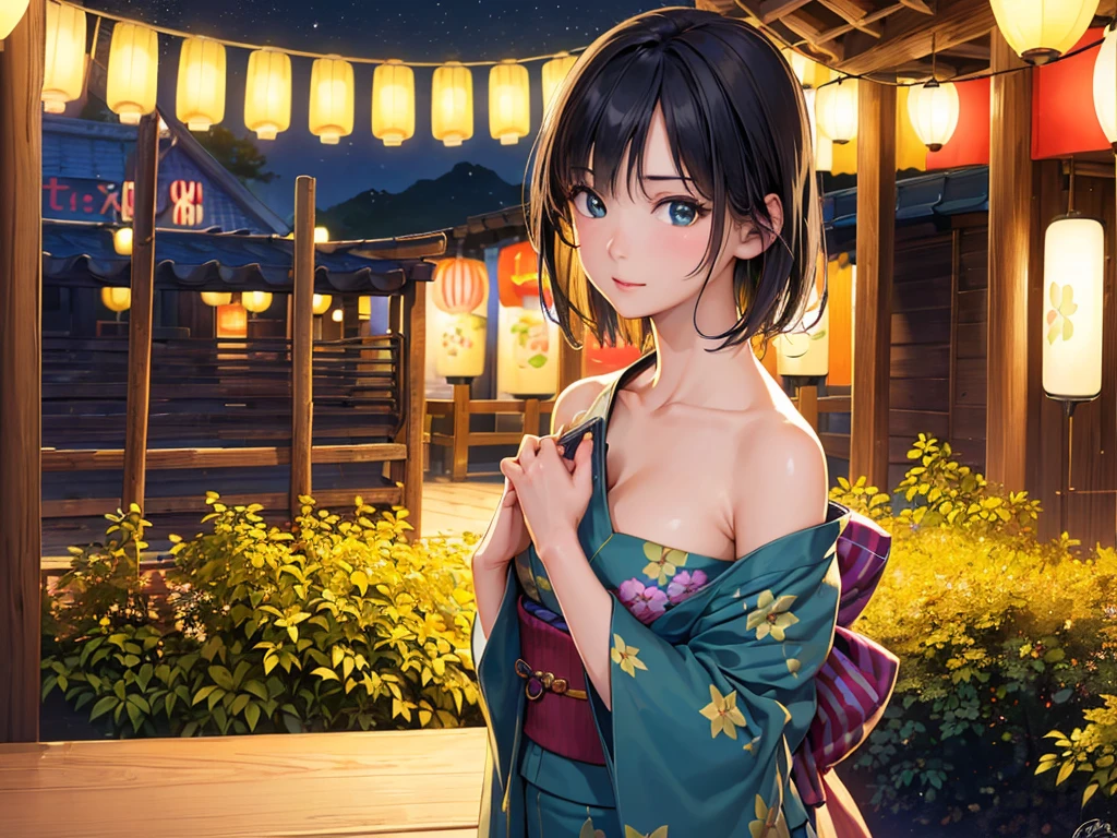 (masterpiece、Highest quality:1.2),Frame In、 Cowboy Shot, alone, One Girl, View your viewers, (Highest quality, 8k, Oil, Tabletop:1.2), Very detailed, (Realistic, Realistic:1.37), Vibrant colors, Wearing a green yukata、Bob Hair、Black Hair、Lonely look、night、Summer festival、stall、