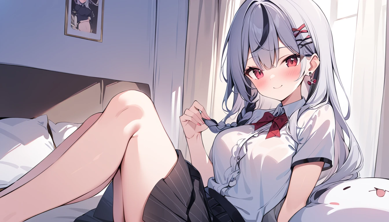 Sitting on the bed with a stuffed toy,Seraphim, skirt,View your viewers,One girl ,Red eyes, , Multicolored Hair, Grey Hair, Striped Hair, hair ornaments, smile, Black Hair, Clothing cutouts, Earrings, Braiding, tooth,Long Hair,masterpiece, High resolution, Octance 4K, Attention to detail