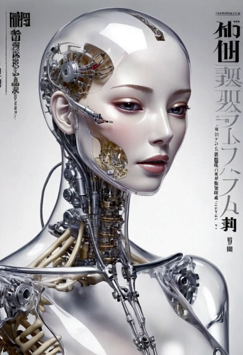 Magazine cover,Female robots，Mechanical skeleton，Transparent housing（（Intricate details））,（（Surrealism））