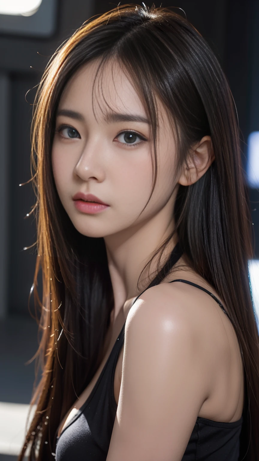 best quality、8Kの傑作、Ultra-high resolution、(Practical:1.3)、RAW photos、18-year-old Chinese girl,Has shiny black hair、Silver Blonde、Extra long straight hair、There are bangs between the eyes、Hair above the eyes、片Hair above the eyes、Hair between the eyes、Fair and shiny skin、1. Cyberpunk super beautiful soldier、((Ultra-Practical Details))、image、Global Illumination、Shadow Realm、Octane Rendering、8K、Super sharp、Beautiful breasts、Exposed skin in the cleavage、Metal、Cool colors、、Very intricate details、Practical Light、CG Association Trends、very beautiful, Big light blue eyes、Very big eyes、Eyes sparkling at the camera、Neon light details、Small face beauty、Round Face、Cheek highlight