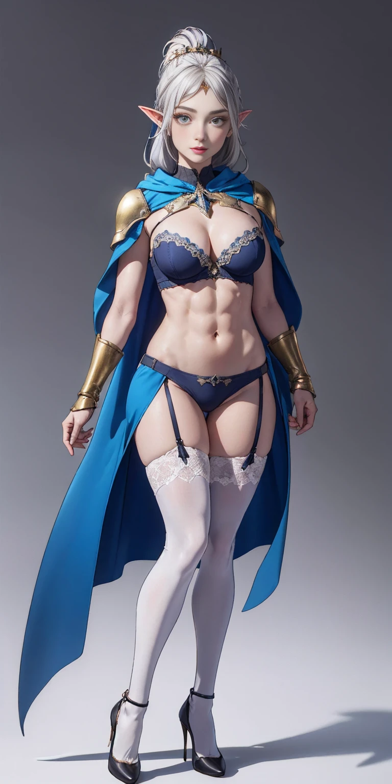 extremely long hair, ponytail, perfect anatomy 1 girl tall solo, slim thick ((muscular)) high elf full body toe to head toned body, silver breast plate, blue cape, slendered abs, hourglass waist, detailed face, defined cheekbones, puffy lips, gauntlets, gold crown, shadow over eyes, looking at viewer, masterpiece, white thigh highs lingerie, high heels