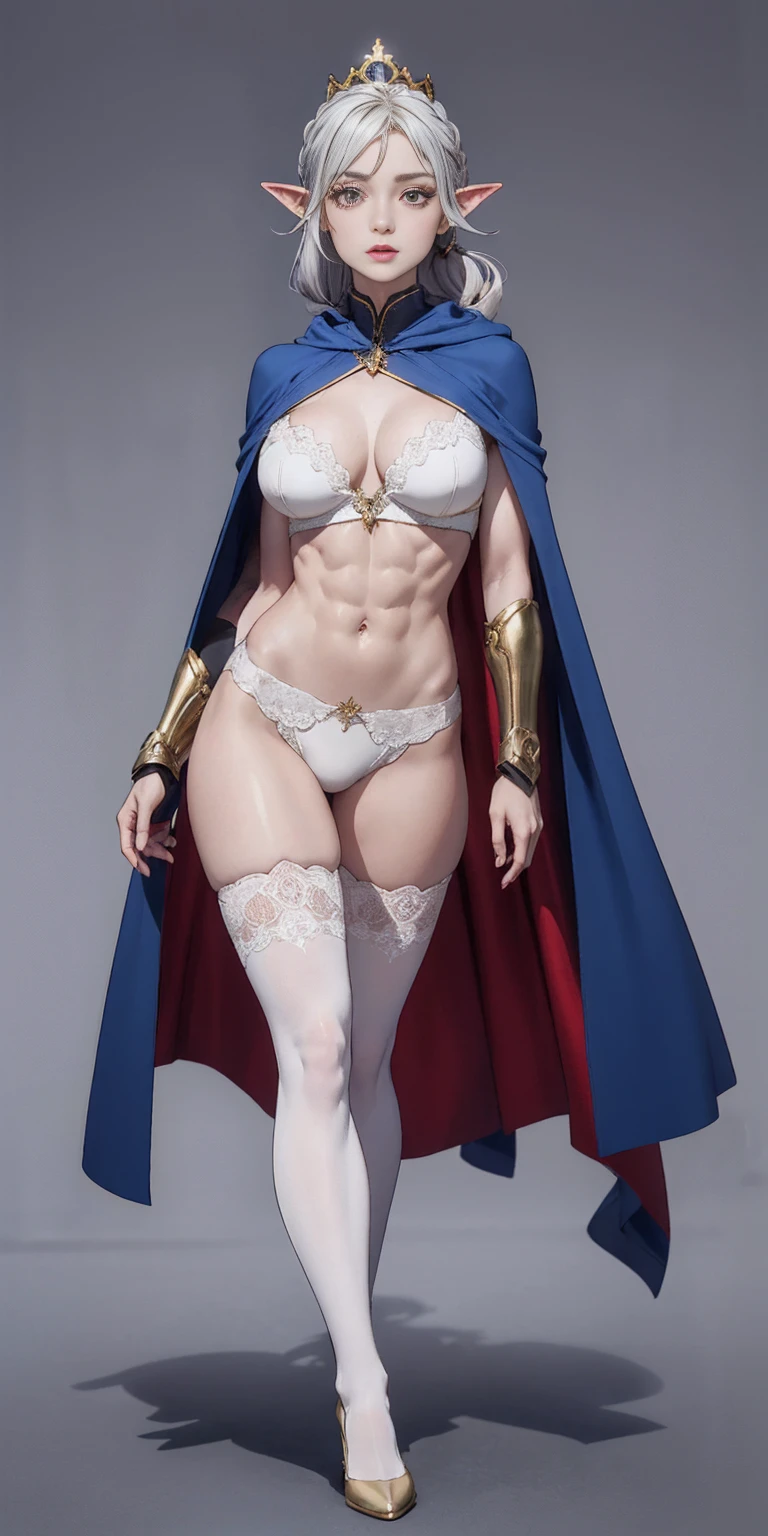 extremely long hair, ponytail, perfect anatomy 1 girl tall solo, slim thick ((muscular)) high elf full body toe to head toned body, silver breast plate, blue cape, slendered abs, hourglass waist, detailed face, defined cheekbones, puffy lips, gauntlets, gold crown, shadow over eyes, looking at viewer, masterpiece, white thigh highs lingerie, high heels