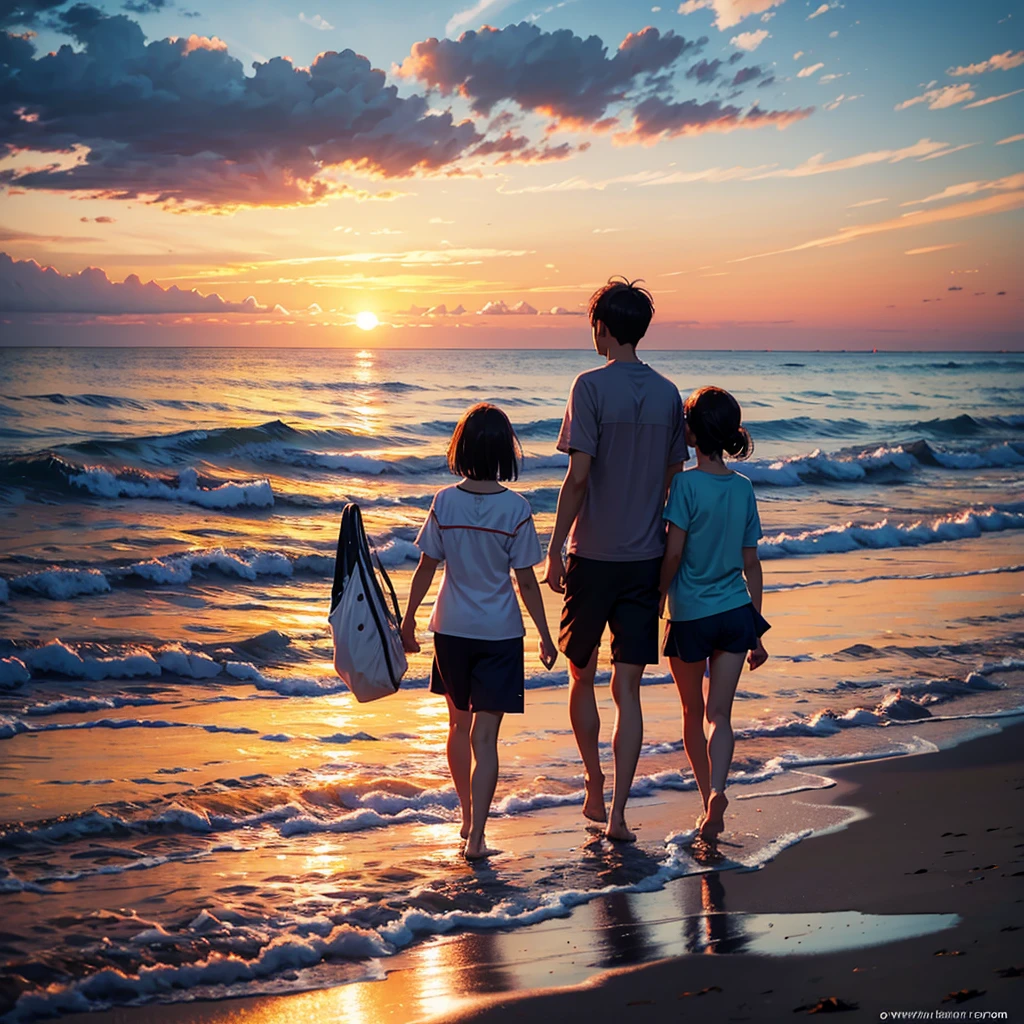 Summer evening、Couple walking along the seaside。The sunset paints the sea orange
