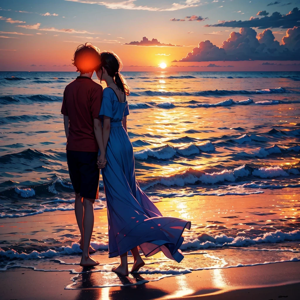 Summer evening、Couple walking along the seaside。The sunset paints the sea orange