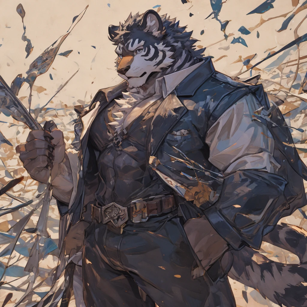 {{bara extremely handsome white tiger,}} {{white fur,}} white, wearing elegant ornate suit jacket, trousers, white dress shirt and necktie, white fluffy furry body and limbs, loafers, very tall, very broad shoulders, narrow waist, muscular arms, massive pecs, purple eyes, very long legs, massive bulge, sophisticated hot look, 3/4 view, best quality, high detail, CG image, character splash art, silver earring on left ear, sultry smirk