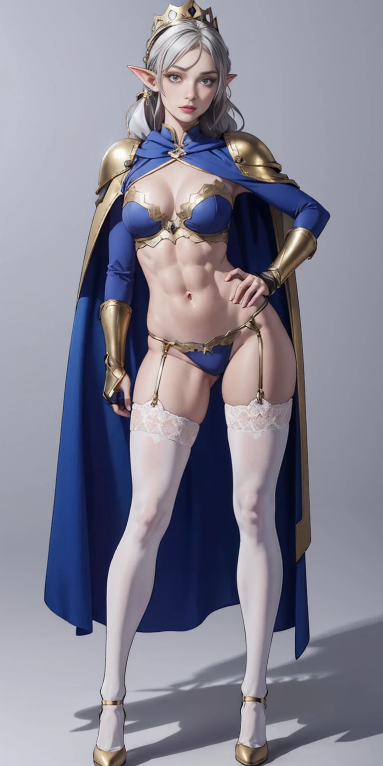 extremely long hair, ponytail, perfect anatomy 1 girl tall solo, slim thick ((muscular)) high elf full body toe to head toned body, silver breast plate, blue cape, slendered abs, hourglass waist, detailed face, defined cheekbones, puffy lips, gauntlets, gold crown, shadow over eyes, looking at viewer, masterpiece, white thigh highs lingerie, high heels