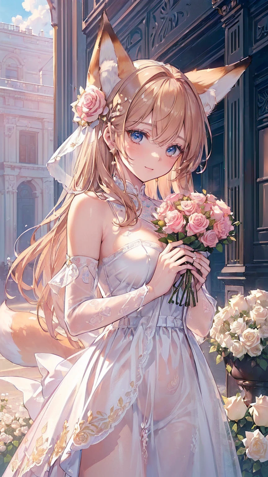 (((masterpiece))), (((Highest quality))), ((Very detailed)), ((Ultra-fine illustrations)), ((Ultra-fine painting)), (16K Highest qualityの壁紙:1.4), (Upper Body:1.4), (Very detailed and delicate illustration style:1.8), Detailed skin texture, Detailed cloth texture, Detailed rose flower texture, Very detailed説明, (Tmasterpiece), (Very detailed face:1.4), (Very detailed fox ears:1.2), (Very detailed golden brown hair:1.2), (Very detailed, Beautiful and clear eyes:1.2), original, RAW Photos, Professional, Intricate details, Super Details, Direct sunlight:1.6, (Perfect Anatomy:1.4), (Very detailed hands:1.2), (Very detailed fingers:1.2), (Very detailed fingertips:1.2), (Age 27), Genuine, (alone:1.6), ((Very beautiful and attractive fox female fashion model:1.4))
brake
(Beautiful and adorable fox ears:1.6), (Very detailed and delicate fox ears:1.4), (Beautiful and well-shaped big breasts:1.2), (Beautiful and shapely butt), (Beautiful shiny golden brown hair:1.6), (Very detailed and delicate golden brown hair:1.4), (Clear blue eyes that shine beautifully in every detail:1.6), (Very detailed and delicate blue eyes:1.2), (Very detailed face:1.4), (smile:1.4), (View your viewers:1.4), (Are standing:1.4), (celebration:1.4)
brake
((celebrationの席で着られる、A delicate and beautiful princess dress.。:1.4))
brake
((Holding a large, intricate and delicate bouquet in both hands ((White and pink roses)):1.3))
brake
(After noon:1.4), (celebration:1.4), ((Very detailed and delicate white rose flower and pink rose flower garden background:1.4)), (Very detailed and delicate royal palace courtyard background in just after noon in spring:1.4) brake 
