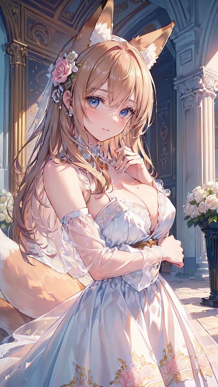 (((Masterpiece))), (((Highest quality))), ((Ultra-detailed)), ((Super fine illustration)), ((Ultra-fine painting)), (16K highest quality wallpaper:1.4), (Upper body:1.4), (Highly detailed and delicate illustration style:1.8), Detailed skin texture, Detailed cloth texture, Detailed rose flower texture, Extreme detailed description, (T-masterpiece), (Highly detailed face:1.4), (Highly detailed fox ears:1.2), (Highly detailed golden brown hair:1.2), (Highly detailed, beautiful and clear eyes:1.2), Original, RAW photo, Professional, Intricate details, Super details, Direct light:1.6, (Perfect anatomy:1.4), (Highly detailed hands:1.2), (Highly detailed fingers:1.2), (Highly detailed fingertips:1.2), (27-years-old), Real, (Solo:1.6), ((A very beautiful and attractive fox female fashion model:1.4))
BRAKE
(Beautiful and adorable fox ears:1.6), (Highly detailed and delicate fox ears:1.4), (Beautiful and well-shaped big breasts:1.2), (Beautiful and well-shaped buttocks), (Beautiful and shiny golden brown hair:1.6), (Highly detailed and delicate golden brown hair:1.4), (Beautiful clear blue eyes that shine with great detail:1.6), (Highly detailed and delicate blue eyes:1.2), (Highly detailed face:1.4), (Smile:1.4), (Looking at viewer:1.4), (Standing:1.4), (Celebration:1.4)
BRAKE
((A beautiful and gorgeous princess dress that is detailed and delicate to be worn at celebratory occasions:1.4))
BRAKE
((Holding in both hands a large bouquet of highly detailed and delicate ((white and pink roses)):1.3))
BRAKE
(Just after noon:1.4), (Celebration:1.4), ((Highly detailed and delicate white rose flower and pink rose flower garden background:1.4)), (Highly detailed and delicate royal palace courtyard background in just after noon in spring:1.4) BRAKE