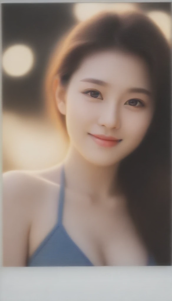 close-up of beautiful korean female, 38 inch breasts size, bikini, smile, bokeh background, Polaroid photo, UHD