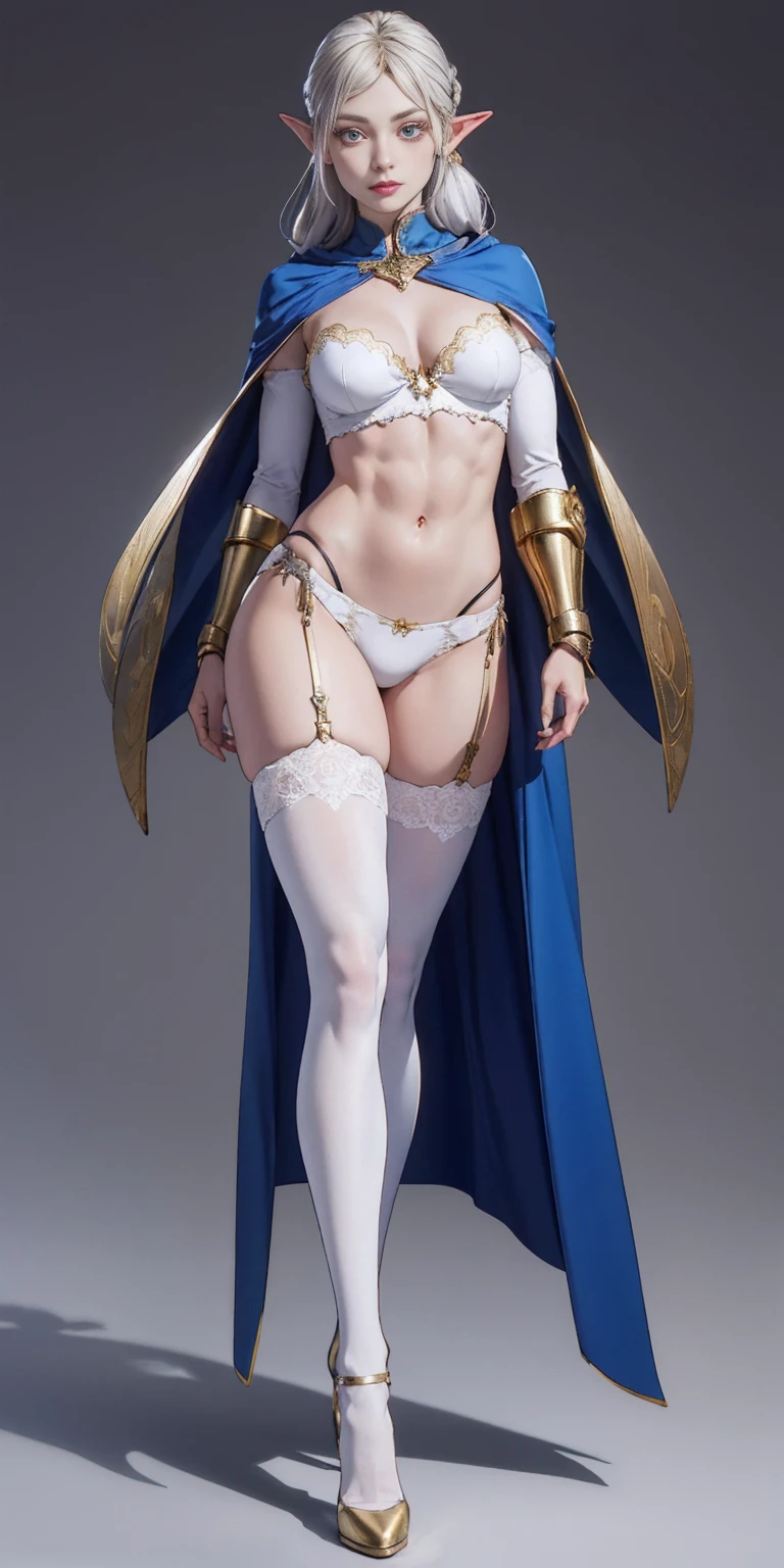 extremely long hair, ponytail, perfect anatomy 1 girl tall solo, slim thick ((muscular)) high elf full body toe to head toned body, silver breast plate, blue cape, slendered abs, hourglass waist, detailed face, defined cheekbones, puffy lips, gauntlets, gold crown, shadow over eyes, looking at viewer, masterpiece, white thigh highs lingerie, high heels