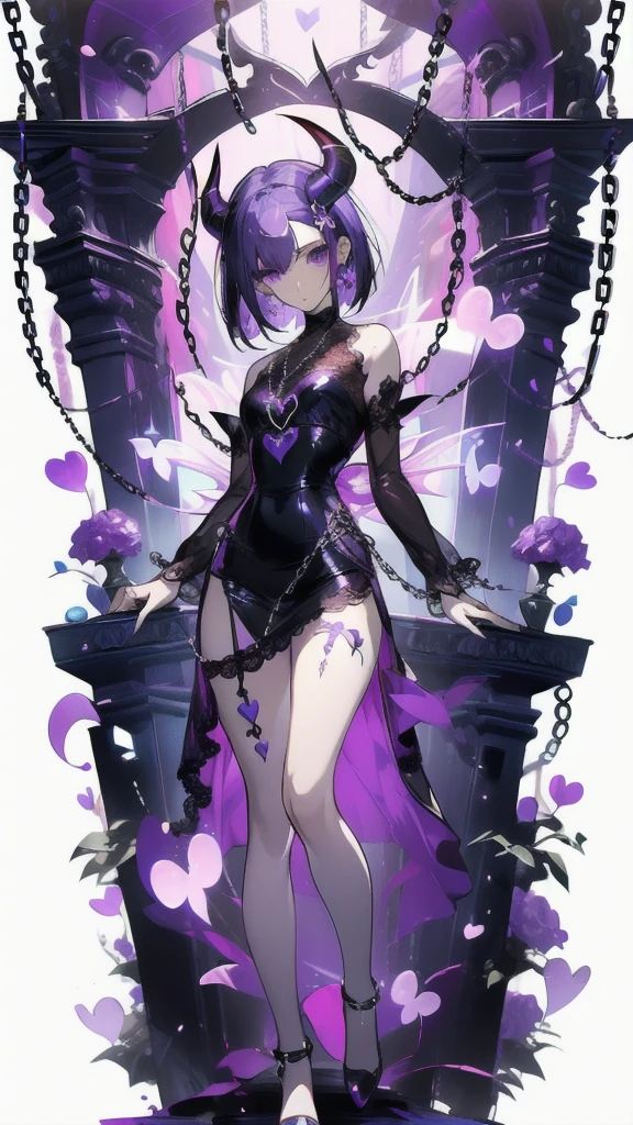 ((masterpiece, best quality)), Delicate face,Succubus,Standing picture,whole body,Perfect body proportions,Long legs,Handsome short hair,Beautiful purple eyes,Fantasy style,White background,Extremely beautiful,transparent,Transparent_比基尼,chain,Tattoo,Lace,Heart-shaped decoration