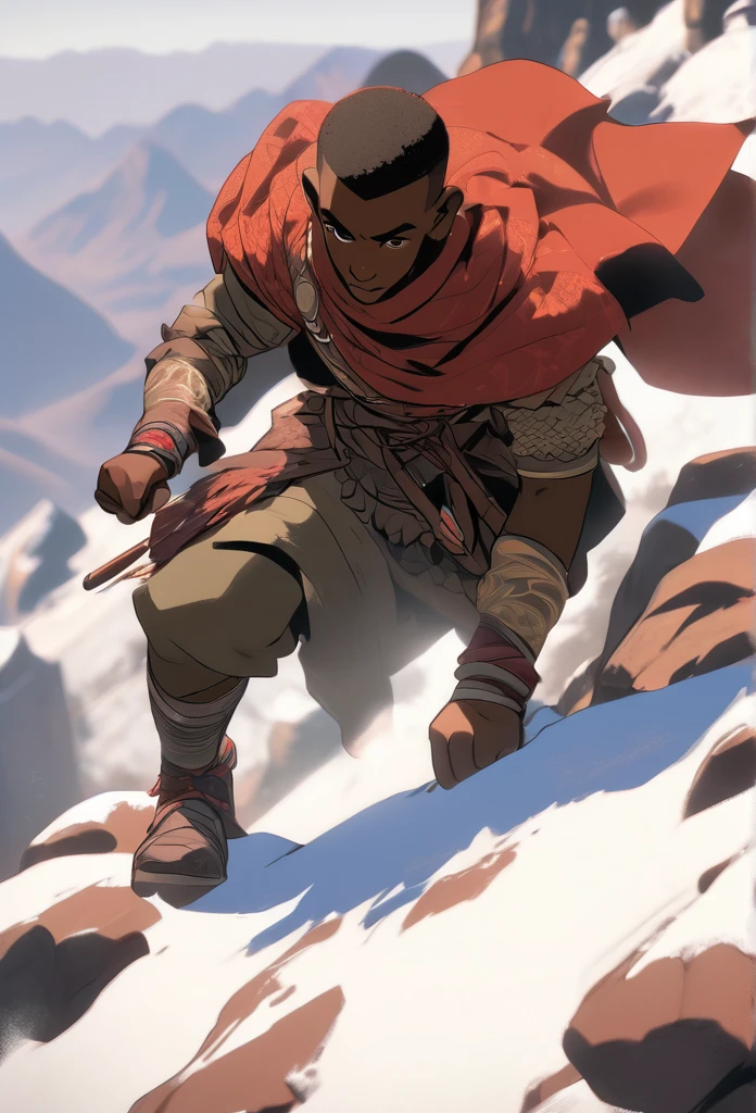 Ultra Realistic, Highly Defined Details, Snowy Mountains Cliff, Climbing On Hands and knees, Shadowy Distant Back Drop, Mellow Color Shading Capturing the Mode, Young Adult African Male Villager, Bent Over, Climbing With Hands, Snowy Mountain Peaks, Windy Snow, On Hands and Knees Climbing Ultra Realistic, Highly Defined Details, Climbing a Cliff Distant View, Mellow Color Shading Capturing the Mode, Young Adult African Male Villager, View Of the Valley Below, Bone chest plate armor, Lightly armored belt buckle dagger in a sheath, Bone carved Hilt, Long Curved Sword Wrapped in Crimson Cloth Worn On Back, Dark Torn Crimson Cloak, Climbing In The Windy Sean, Leaves Blowing, Climbing On the Mountain, Climbing With Hands