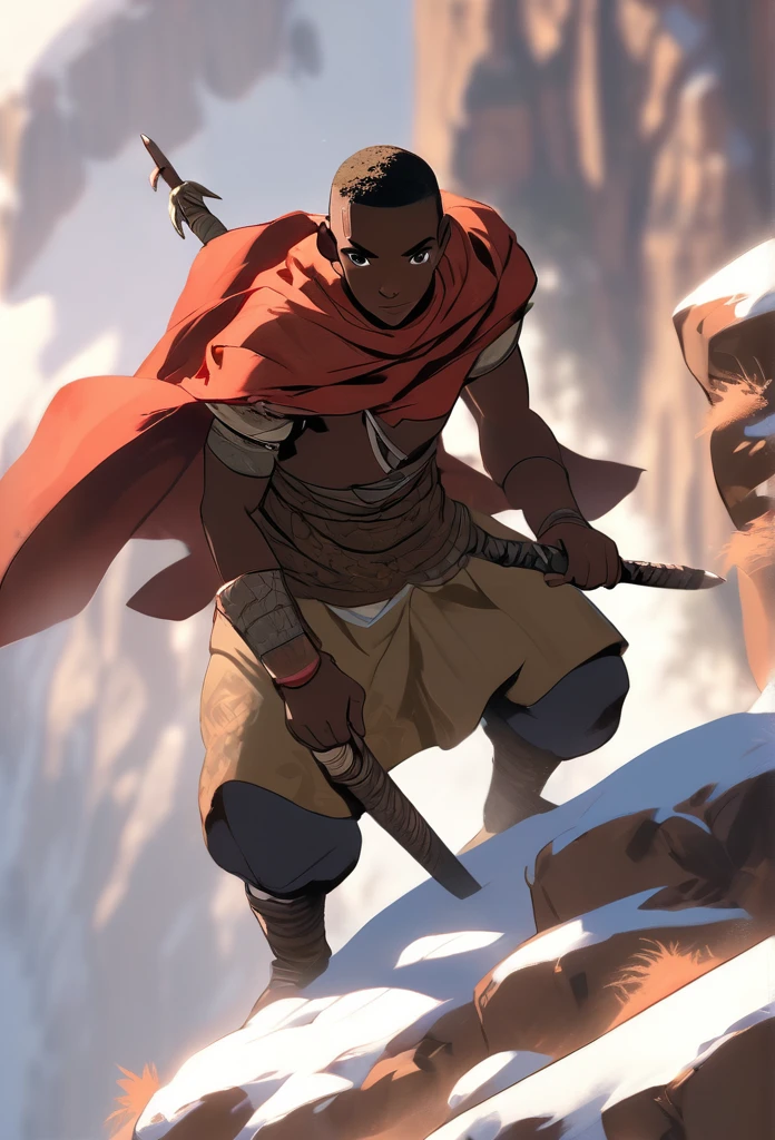 Ultra Realistic, Highly Defined Details, Snowy Mountains Cliff, Climbing On Hands and knees, Shadowy Distant Back Drop, Mellow Color Shading Capturing the Mode, Young Adult African Male Villager, Bent Over, Climbing With Hands, Snowy Mountain Peaks, Windy Snow, On Hands and Knees Climbing Ultra Realistic, Highly Defined Details, Climbing a Cliff Distant View, Mellow Color Shading Capturing the Mode, Young Adult African Male Villager, View Of the Valley Below, Bone chest plate armor, Lightly armored belt buckle dagger in a sheath, Bone carved Hilt, Long Curved Sword Wrapped in Crimson Cloth Worn On Back, Dark Torn Crimson Cloak, Climbing In The Windy Sean, Leaves Blowing, Climbing On the Mountain, Climbing With Hands