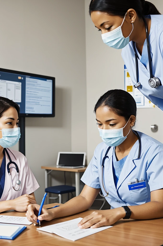 Actual hospital settings wherein the nurse is collaborating with other health care workers with patient (drawing)